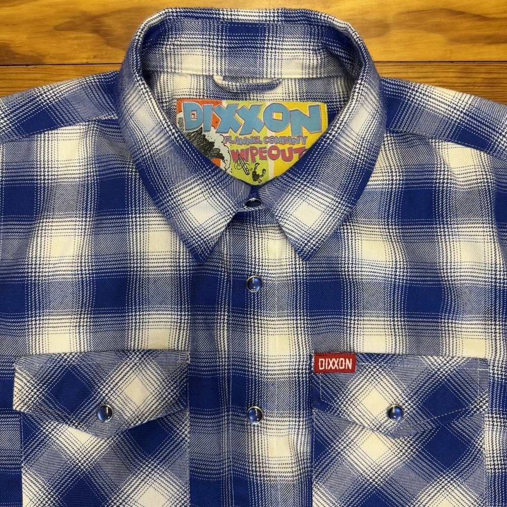 Dixxon Wipeout Flannel Mens Small Pearl Snap Button Down Shirt Blue White Plaid